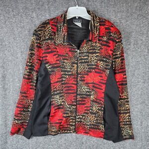 Vida Jacket Womens XL 2859 Red Black Gold Animal Print Burnout Zip Up EUC